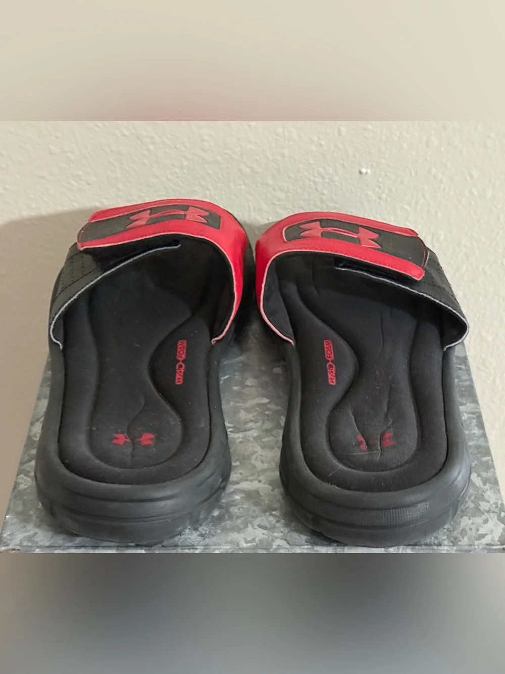 Under Armour Black and Red Adjustable Slide Sandals, Size 12